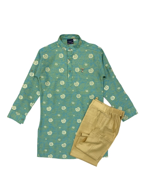 

CHARCHIT Boys Turquoise Blue Floral Printed Pure Cotton Kurta with Pyjamas