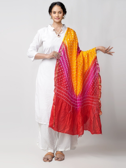 

Unnati Silks Women Yellow & Pink Pure Silk Tie and Dye Bandhani Dupatta