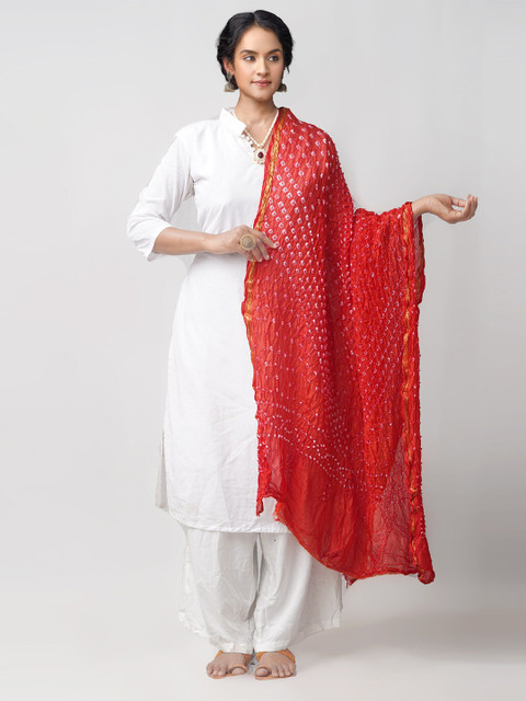 

Unnati Silks Red & White Dyed Pure Silk Tie and Dye Dupatta with Zari