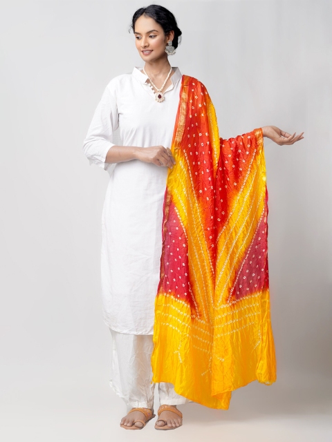 

Unnati Silks Women Yellow & Red Bandhani Dyed Pure Silk Dupatta