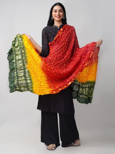 

Unnati Silks Red & Yellow Pure Silk Tie and Dye Bandhani Dupatta