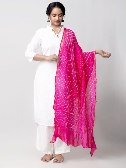 

Unnati Silks Pink & White Tie and Dye Pure Silk Dupatta with Zari