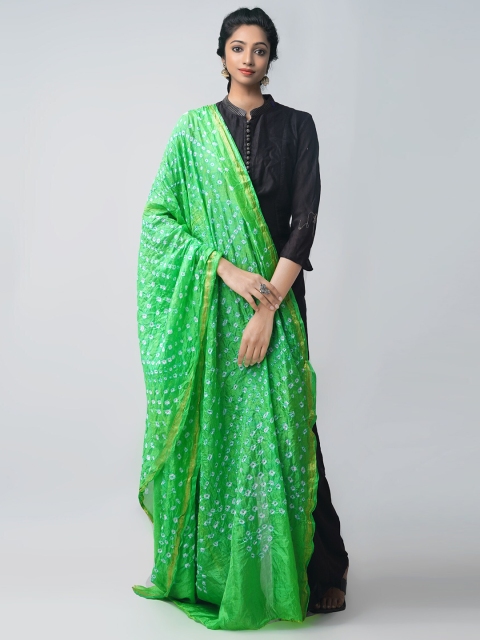 

Unnati Silks Women Green & White Pure Silk Tie and Dye Bandhani Dupatta