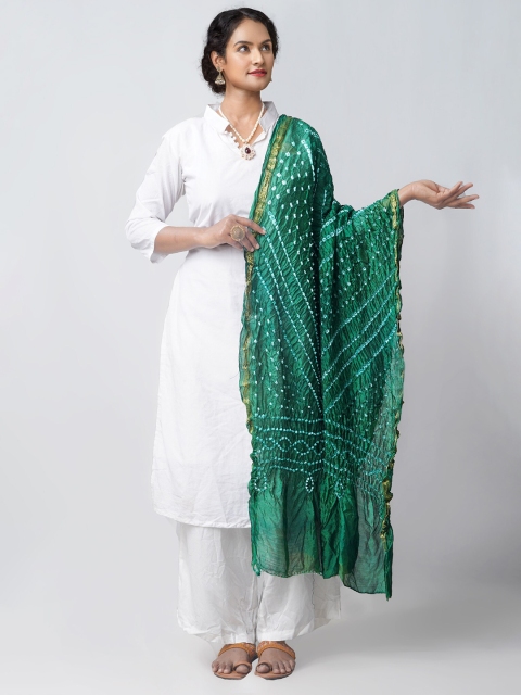 

Unnati Silks Green & White Dyed Pure Silk Tie and Dye Dupatta with Zari