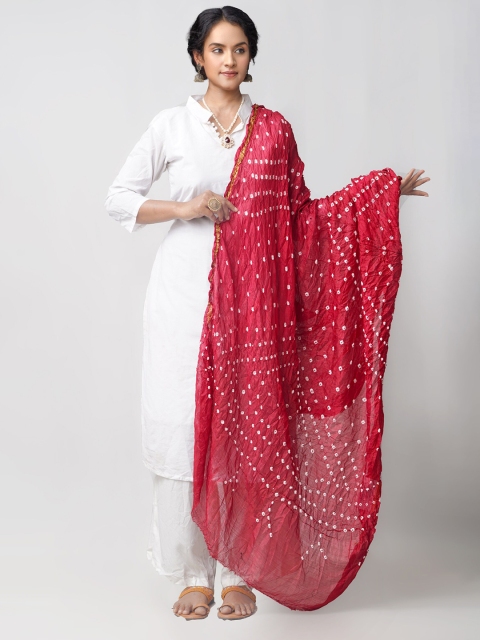 

Unnati Silks Maroon & White Bandhani Dyed Sustainable Pure Silk Dupatta with Zari
