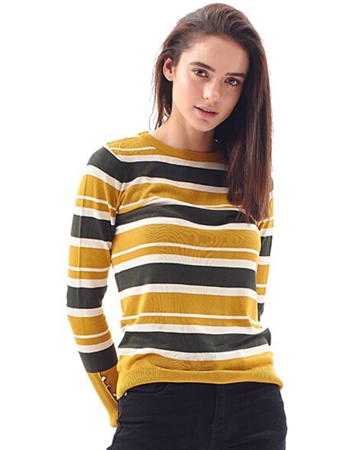 

COVER STORY Women Mustard & Black Striped Printed Pullover