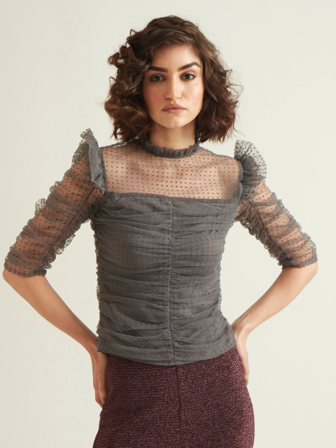 

COVER STORY Women Grey Retro Puff Sleeves Mesh Sheer Top