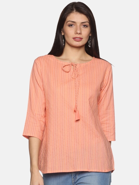 

PNEHA Women Peach Striped Tie-Up Neck Cotton Top