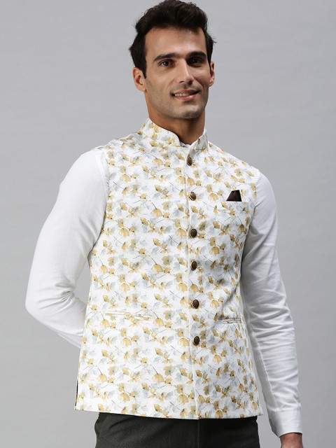 

SHOWOFF Men White & Beige Printed Woven Nehru Jackets