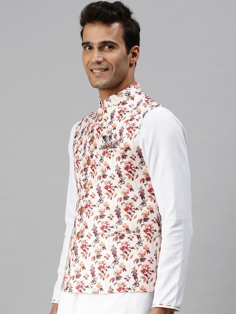 

SHOWOFF Men Cream-Coloured & Red Printed Woven Nehru Jackets
