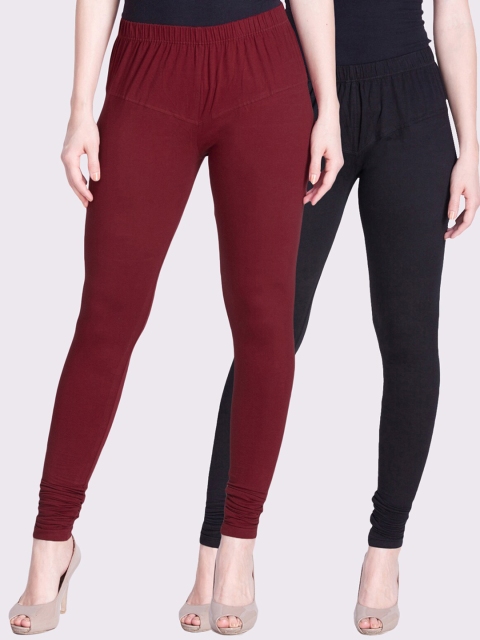 

LYRA Women Pack Of 2 Maroon & Black Solid Churidar-Length Leggings