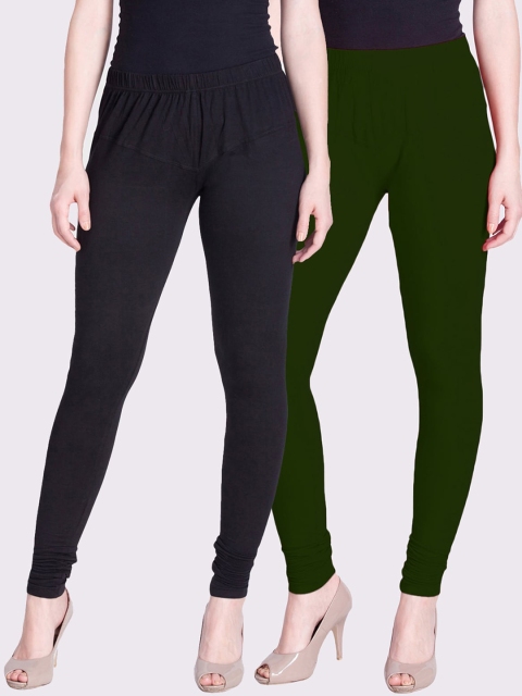 

LYRA Women Pack Of 2 Green & Black Solid Churidar-Length Leggings