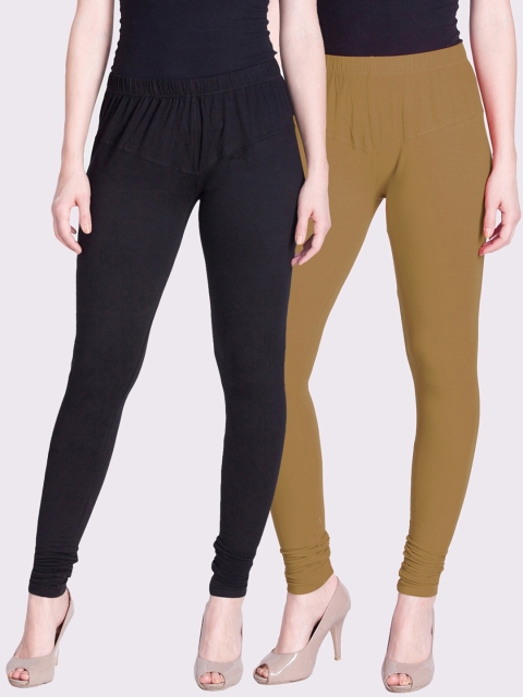 

LYRA Women Pack Of 2 Black & Beige Solid Churidar-Length Leggings