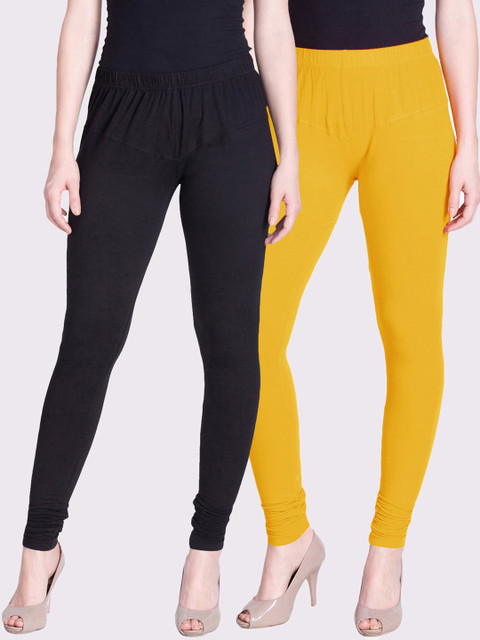 

LYRA Women Black & Yellow Set of 2 Solid Cotton Churidar-Length Leggings