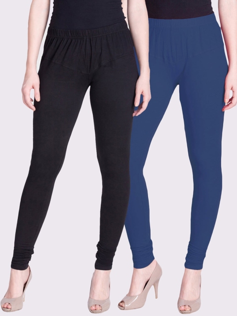 

LYRA Women Pack Of 2 Blue & Black Solid Churidar-Length Leggings