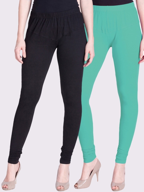 

LYRA Women Black & Aqua Green Pack Of 2 Solid Churidar-Length Leggings