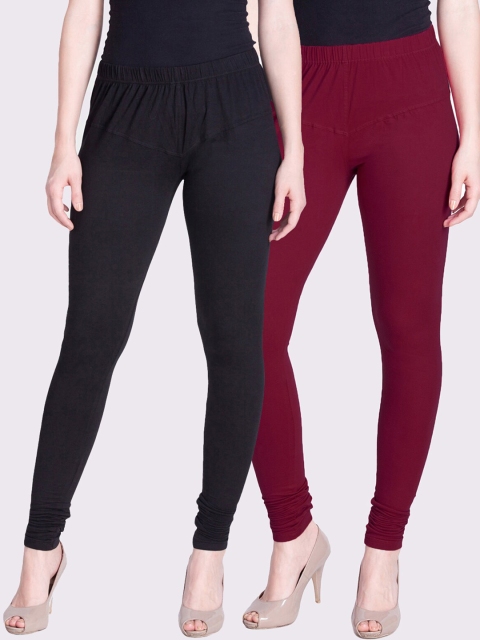 

LYRA Women Pack Of 2 Magenta & Black Solid Churidar-Length Leggings