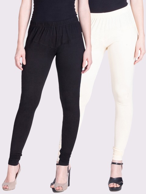 

LYRA Women Black & Cream Set of 2 Solid Cotton Churidar-Length Leggings