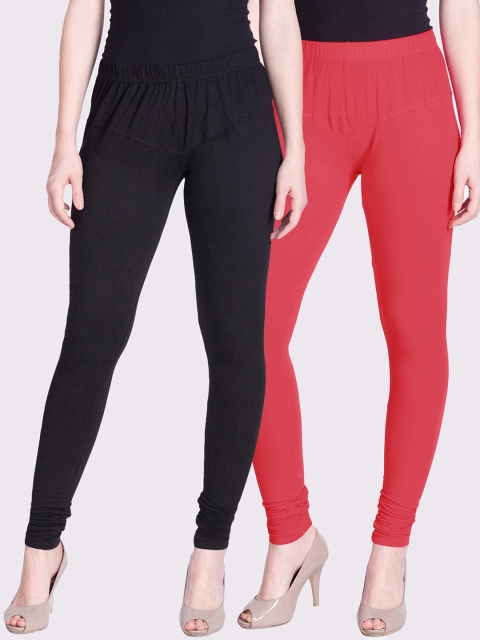 

LYRA Women Pack Of 2 Black & Coral Solid Churidar-Length Leggings