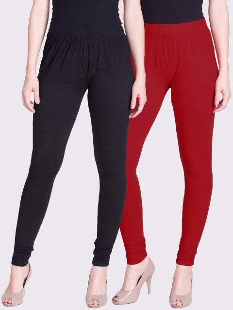 

LYRA Women Pack of 2 Black & Red Solid Churidar-Length Cotton Leggings