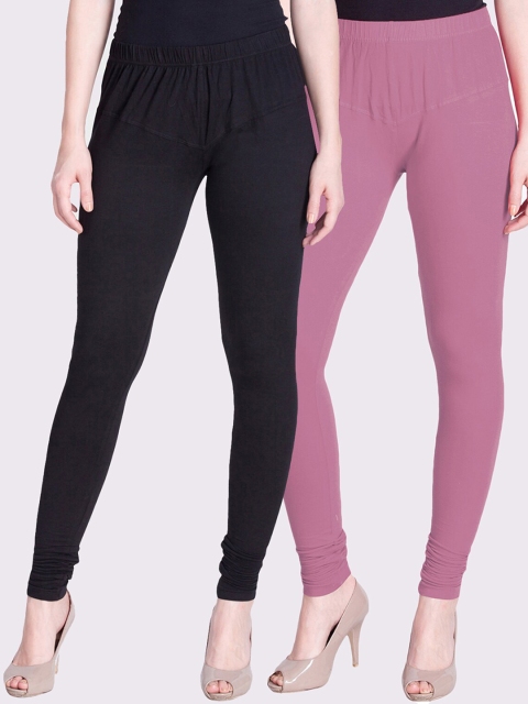 

LYRA Women Black & Mauve Set of 2 Solid Cotton Churidar-Length Leggings