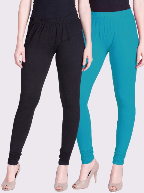 

LYRA Women Pack of 2 Blue & Black Solid Churidar-Length Leggings