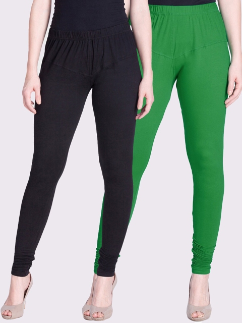 

LYRA Women Pack Of 2 Green & Black Solid Churidar-Length Leggings