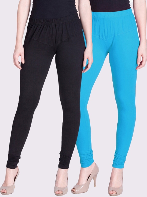 

LYRA Women Pack Of 2 Black & Blue Solid Churidar Length Cotton Leggings