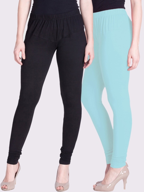 

LYRA Women Black & Sea Green Set of 2 Solid Cotton Churidar-Length Leggings