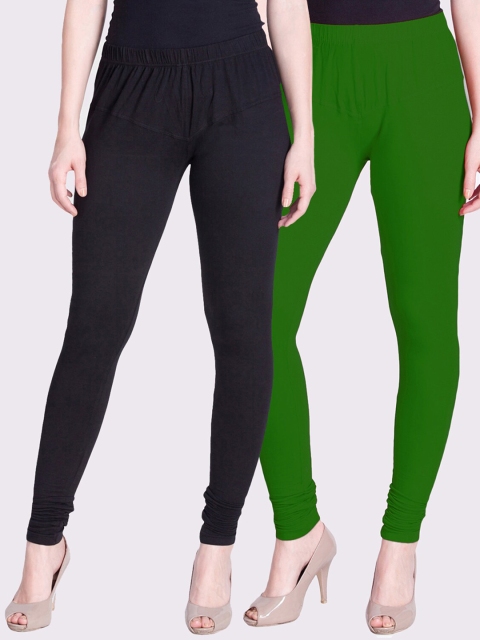 

LYRA Women Pack Of 2 Black & Green Solid Churidar Length Leggings
