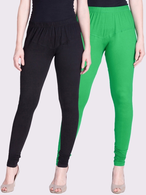 

LYRA Women Pack of 2 Solid Churidar-Length Leggings, Green