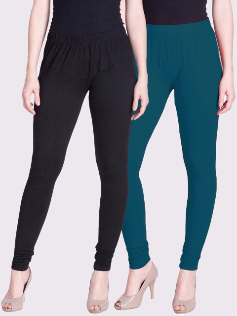 

LYRA Women Pack Of 2 Blue & Black Solid Churidar-Length Leggings