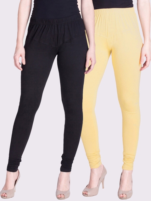 

LYRA Women Pack Of 2 Black & Light Yellow Solid Churidar-Length Leggings