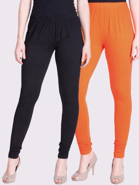 

LYRA Women Black & Orange Set of 2 Solid Cotton Churidar-Length Leggings