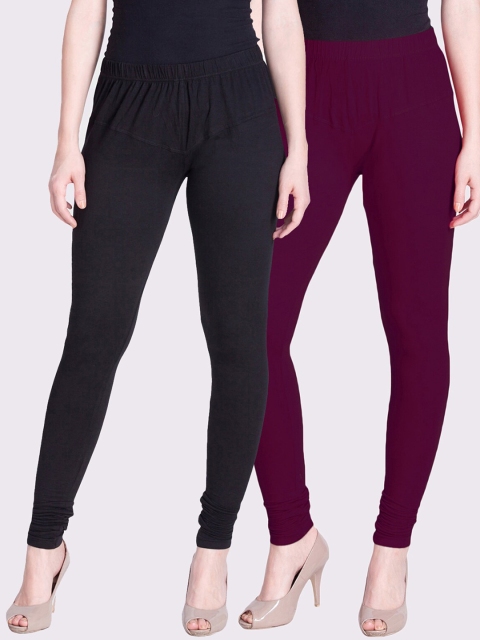 

LYRA Women Pack Of 2 Black & Maroon Solid Churidar-Length Cotton Leggings