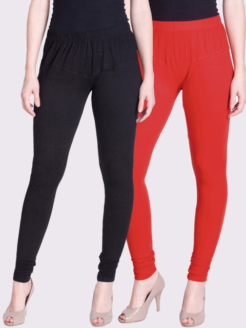

LYRA Women Pack of 2 Red & Black Solid Churidar-Length Leggings