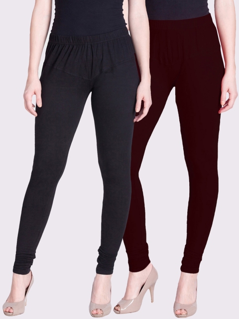 

LYRA Women Pack Of 2 Maroon & Black Solid Churidar-Length Cotton Leggings
