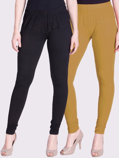 

LYRA Women Black & Khaki Set of 2 Solid Cotton Churidar-Length Leggings