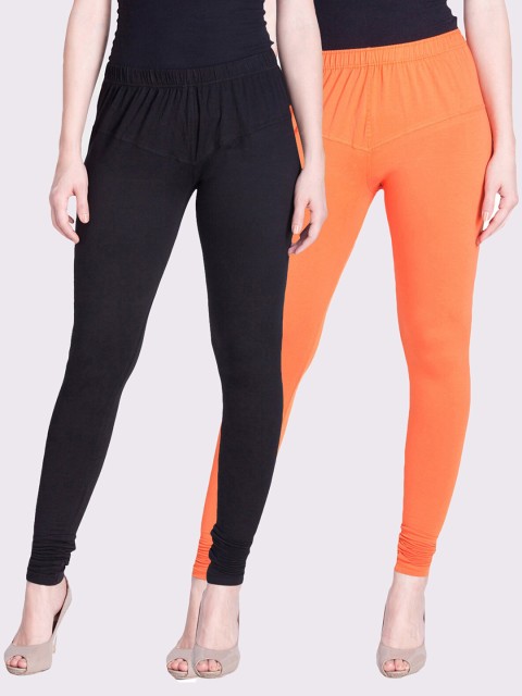 

LYRA Women Pack Of 2 Orange & Black Solid Churidar Length Leggings