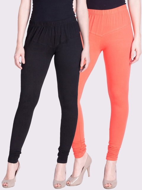 

LYRA Women Pack of 2 Peach-Coloured & Black Solid Churidar-Length Leggings