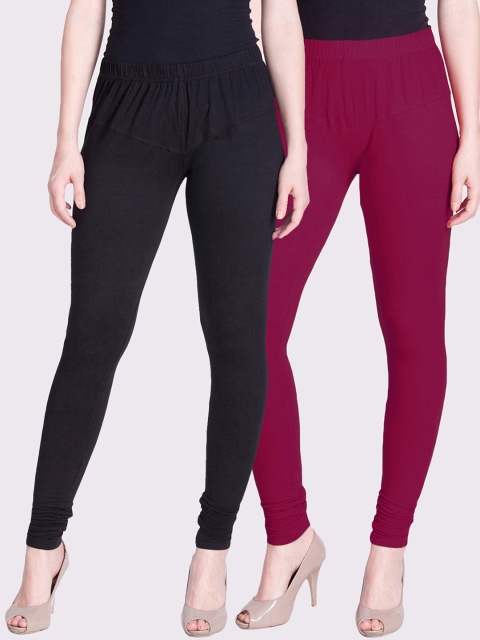 

LYRA Women Pack Of 2 Maroon & Black Solid Churidar-Length Leggings