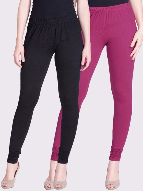 

LYRA Women Pack of 2 Pink & Black Solid Churidar Length Cotton Leggings