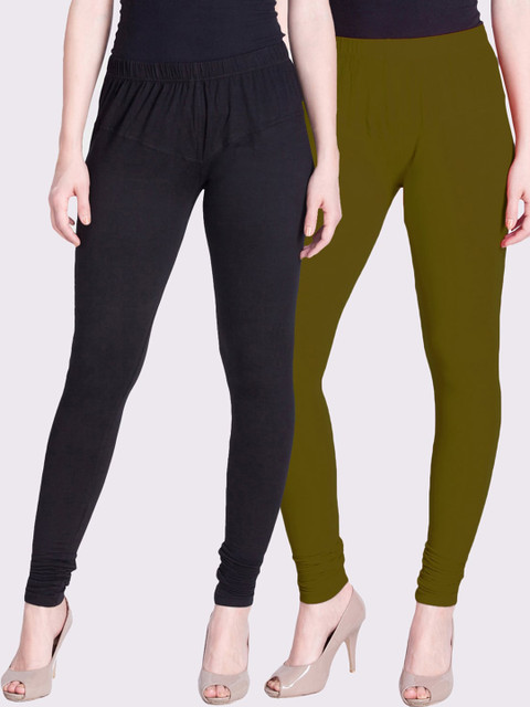

LYRA Women Pack Of 2 Green & Black Solid Churidar-Length Leggings