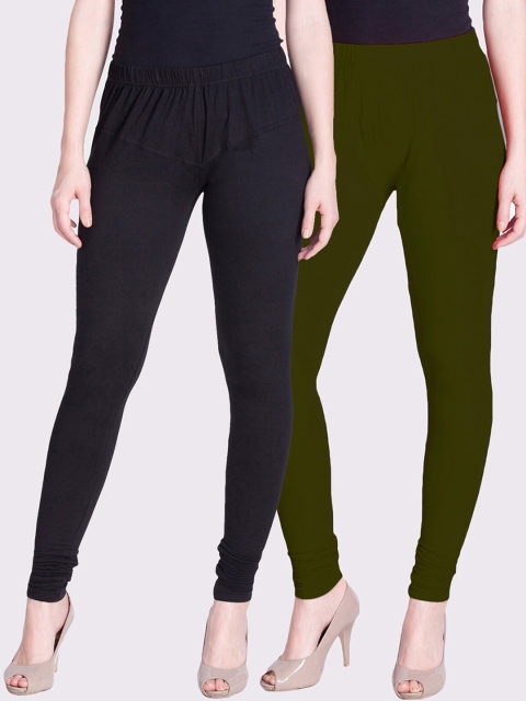 

LYRA Women Pack Of 2 Olive & Black Solid Churidar-Length Leggings