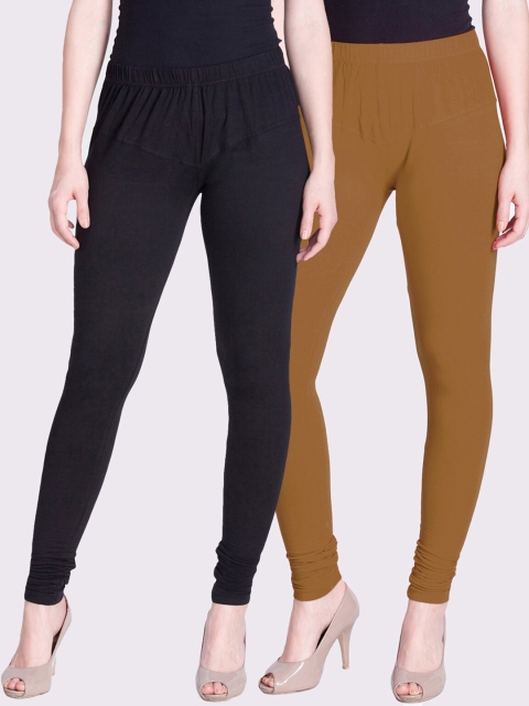 

LYRA Women Pack Of 2 Black & Tan Brown Solid Churidar-Length Leggings