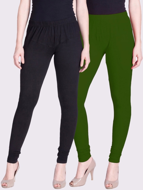 

LYRA Women Pack Of 2 Green & Black Solid Churidar-Length Leggings