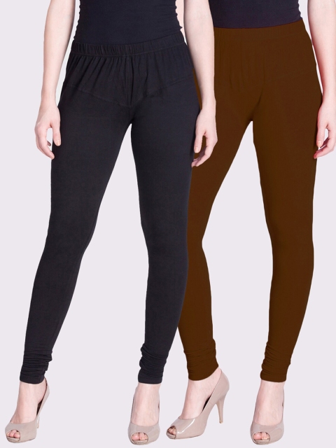 

LYRA Women Pack Of 2 Black & Coffee Brown Solid Churidar Length Cotton Leggings