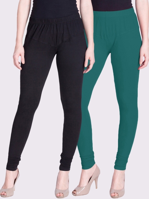 

LYRA Women Black & Green Pack Of 2 Solid Churidar-Length Leggings
