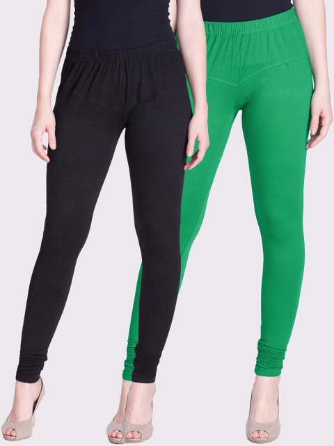 

LYRA Women Black & Green Set of 2 Solid Cotton Churidar-Length Leggings
