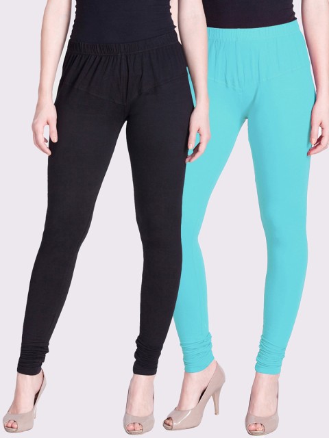 

LYRA Women Pack Of 2 Sea Green & Black Solid Churidar Length Leggings